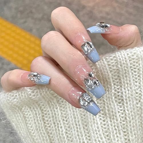 Mowyem 24 PCS Press On Nails Medium Fake Nails Press Ons Square Nails Blue False Nails Glossy Stick On Nails for Women Girls Manicure Decoration Accessories (Blue Sea)