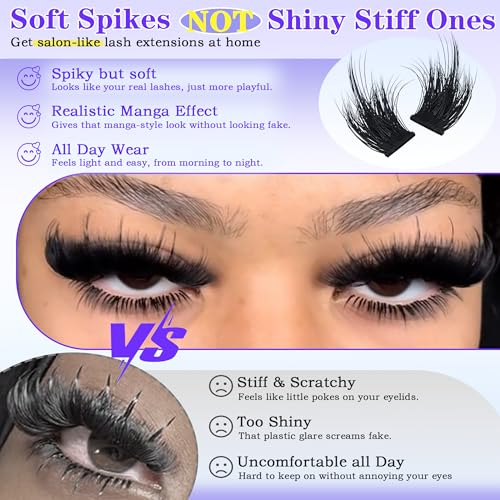 Lash Clusters with Spikes 300D Manga Volume Lash Clusters Evil Look Eyelash Clusters 10-22MM Thick Eyelash Extensions D-Curly Individual Lash Extensions DIY at Home by FOINEMYED