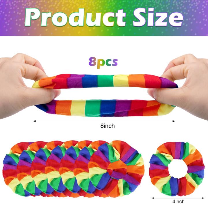 8 Pcs Pride Rainbow Hair Scrunchies- LGBT Rainbow Hair Ring Hair Ties- Elastic Striped Rainbow Ponytail Holder for Women Girls Hair Accessories