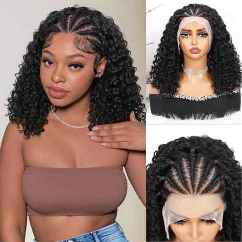 Quantum Love Braided Wigs for Black Women Braids Cornrows Lace Curly Wigs 16 Inch Lace Frontal Braided Fully Curly Bob Synthetic Glueless Wig