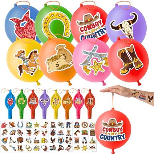 Cowboy Party Favors Set - 24 Punch Balloons & 48 Tattoos