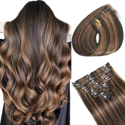 Clip in Hair Extensions Real Human Hair, Seamless Balayage Human hair Clip ins Extensions for Women Invisible Straight 8Pcs Double Weft Dark Brown Highlight Chestnut Brown 24inch 120g