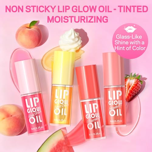 AMOADO Tinted Lip Oil Set - Hydrating Glossy Lip Gloss with Fruity Flavors, Non-Sticky, 4 Shades for Women & Girls