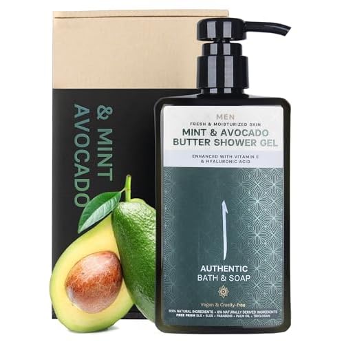 AUTHENTIC BATH & SOAP Sensitive Skin Body Wash ? Organic Mint Essential Oil & Avocado Butter ? Hydrating Shower Gel with Vitamin E & Hyaluronic Acid ? SLS Free, Moisturizing & Refreshing, 16.9 Fl Oz