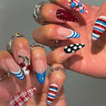 24Pcs Red White and Blue Press on Nails Medium Length Almond Y2k Fake