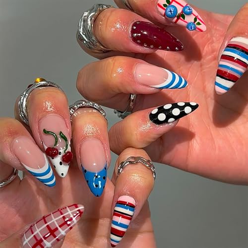 24Pcs Red White and Blue Press on Nails Medium Length Almond Y2k Fake