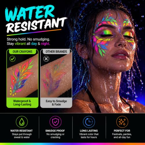 Glow in the Dark Face Paint Crayons - 24 Neon UV Body Makeup Set