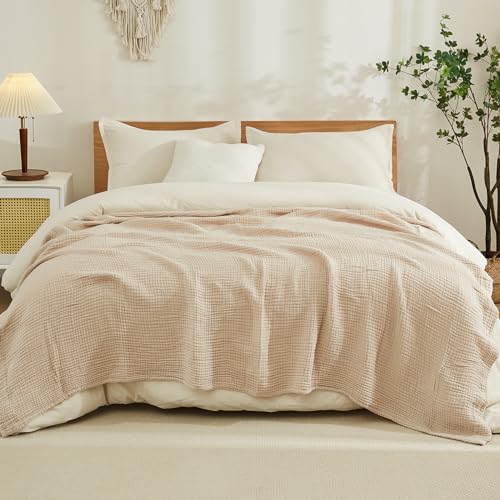 EMME Cotton Blanket Queen Size for Bed Soft Large Muslin Bed Blankets 80"x90" Lightweight Breathable Blanket All Season Gauze Blanket, Light Tan