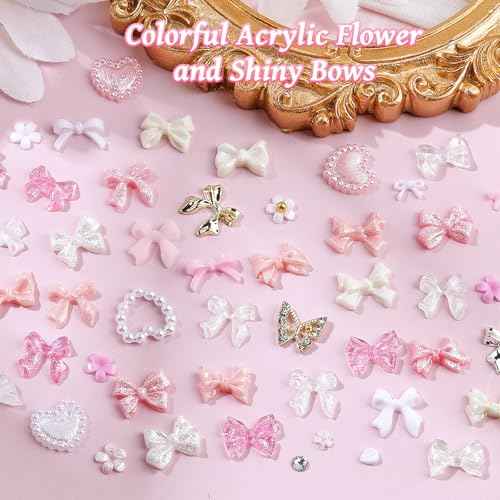 2 Boxes 3D Bow Nail Charms and Gems, Pink White Bows Flowers Heart Petals Nail Art Charms Gold Silver Alloy Bowknot Butterfly for Nails Flatback Pearls Rhinestones Caviar Beads for Women Nail Design