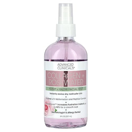 Advanced Clinicals Collagen + Rosewater Face Toner Skin Care Reviving & Hydrating Facial Mist for Face, Non-Greasy Instant Hydration Face Spray W/Pure Rose Water, Collage, & Natural Extracts, 8 Fl Oz