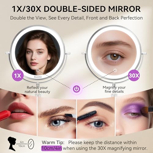 Auxmir 9" Large Lighted Makeup Mirror with Magnification, 1X/30X Double Sided Magnifying Mirror with Adjustable Height, Rechargeable Vanity Mirror with 3 Color Dimmable Lights, 360¡Æ Rotation