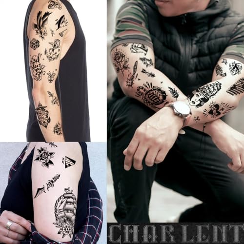 CHARLENT Black Vintage Temporary Tattoos - 9 Sheets Old School Designs