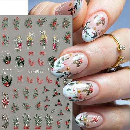 Christmas Nail Art Stickers, 5D Embossed Holly Leaf Nail Decals Green Red Winter Leaf Reindeer Snowflake Design Holiday Nail Art Supplies for Women Girls(4Sheets)