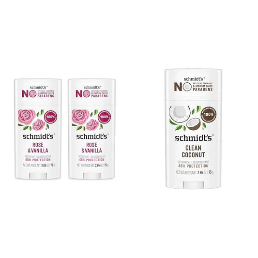 Schmidt's Aluminum-Free Vegan Deodorant Rose & Vanilla 2 Count and Clean Coconut 2.65 oz Each, 24 Hour Odor Protection