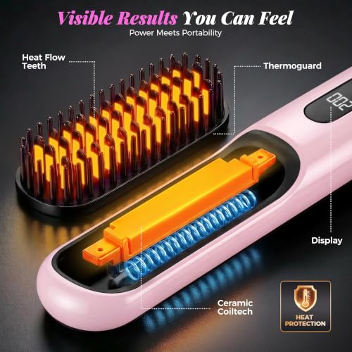 Cordless Hair Straightener Brush with 4 Heat Settings - Pink