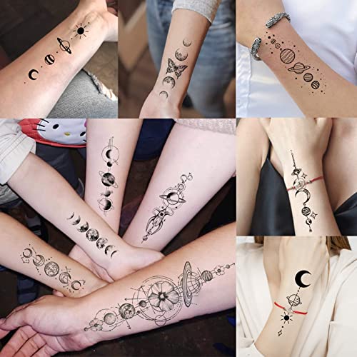 33 Sheets Outer Space Temporary Tattoos for Kids Boys Girl Women Men Adults Children, Geometry Astronaut Universe Fake Tattoo Star Moon Solar Syetem