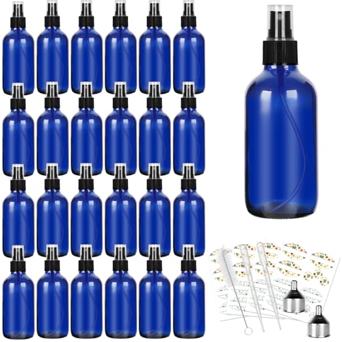 CycleMore 25 Pack 4oz Blue Glass Spray Bottles with Fine Mist Sprayers - Reusable Travel Essential
