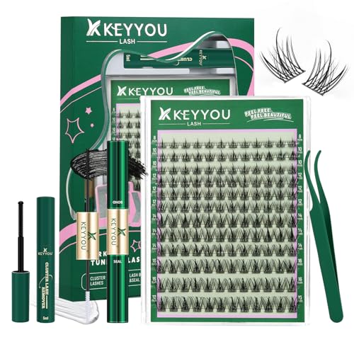 KEYYOU LASH Lash Clusters Kit Manga Lashes 8-18mm C Curl Wispy Lash Clusters Ultra-Thin Natural Lashes with Spike Eyelash Extensions 144pcs Fairy False Eyelashes with Remover Bond and Seal£¨F03 Kit£©
