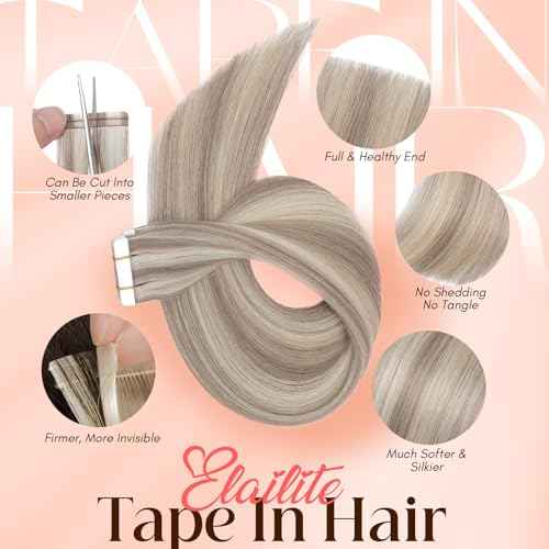 Elailite Tape in Hair Extensions Human Hair Thick Real Remy Hairpieces Ash Blonde & Bleach Blonde 16 Inch 50g 20pcs Straight Invisible Seamless Skin Weft Best Tape for Women