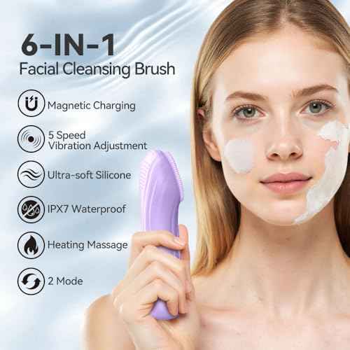 Facial Cleansing Brush, Silicone Face Scrubber with Heat and Vibration 5 Speeds, Waterproof Rechargeable Electric Face Scrub Brush for Men & Women, Deep Cleansing, Exfoliating and Massage (Purple)