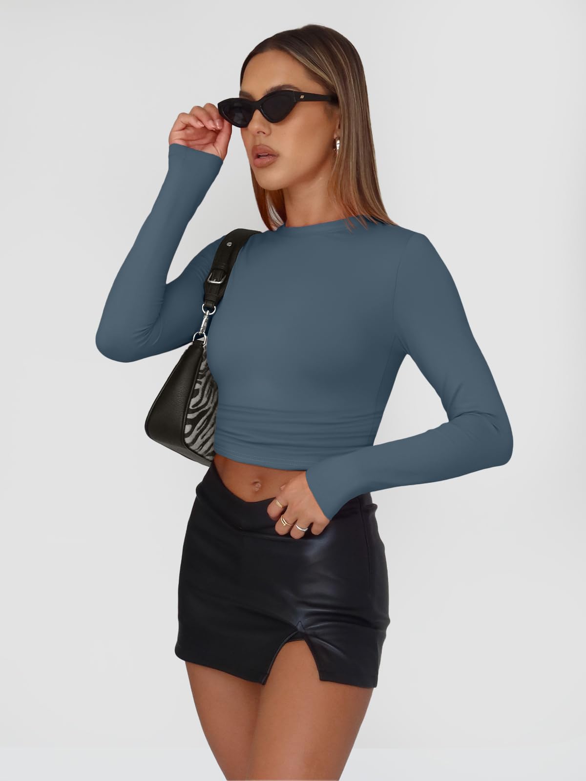 Trendy Queen Womens Long Sleeve Shirts Basic Spring Crop Tops Tees Tight Slim Fit Cute Going Out Outfits Teen Girls Fall Winter Y2k Clothes 2024 Haze Blue XS