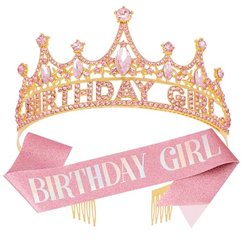 Sparkling Pink Birthday Girl Sash and Crown Set with Tiara