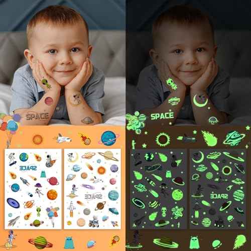 Temporary Fake Space Planets Glow In The Dark Tattoos For Kids, 80+ Pcs Space Astronaut Rocket Ship Alien Party Toys Favors Birthday Decorations For Boys Girls Teens(4 Sheets)