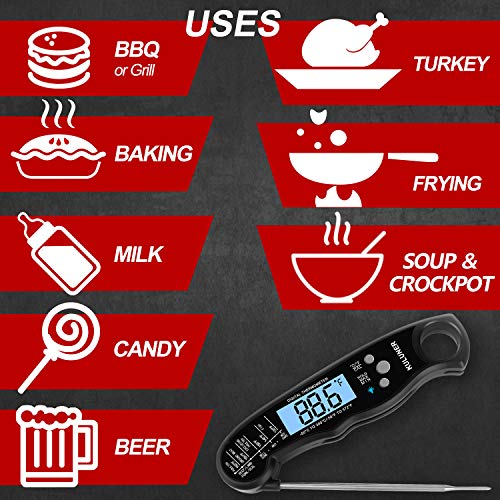 KULUNER TP-01 Waterproof Digital Instant Read Meat Thermometer with 4.6 Folding Probe Backlight Calibration Function for Cooking Food Candy, BBQ Grill, Liquids,Beef（Red）