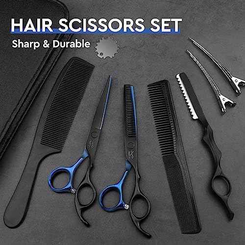 JASON Hair Cutting Scissors Kit - Professional 10 PCS Haircut Scissors Set with 6.7" Thinning/Texturizing Scissors, Straight Shears for Men Women Home Salon Barber (30 Teeth, Black & Blue) Christmas