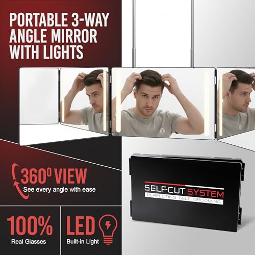 Self-Cut System 3 Way Mirror with LED Lights ? Trifold Self Cut Barber Mirror for Men and Women, 360 View for Easy Haircuts, Travel Friendly - Three Way Design for Grooming and Styling