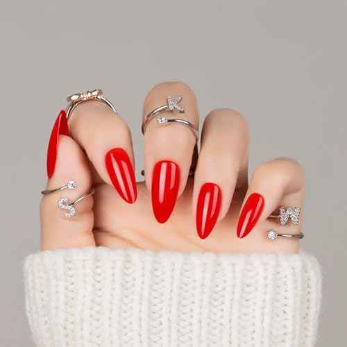 30Pcs Almond Press On Nails - Supremely Fit & Natural Soft Gel Almond Nails,15 Sizes, Reusable Fake Nails Kit with Gift Box for Women (Warm Red)