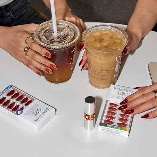 BTArtbox Press On Nails Almond - Lamp-Curable Dark Red Medium Press On Nails with Glue for Women, Semi-Transparent Soft Gel Glue On Nails in 15 Sizes - 30 Stick On Nails Kit, Blackout