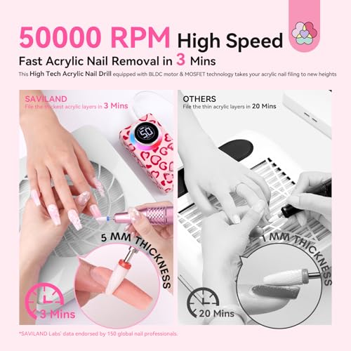 SAVILAND Cordless Electric Nail Drill Machine 50000RPM for Acrylic Nails - Red Pink