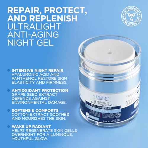 Dernier Night Moisturizer Gel for Face with Hyaluronic Acid and Pantenol ? Repairing Anti-Aging Treatment Smooths Fines Lines and Wrinkles, Moisturizes Balances Protects and Repairs (1.7 fl Oz)