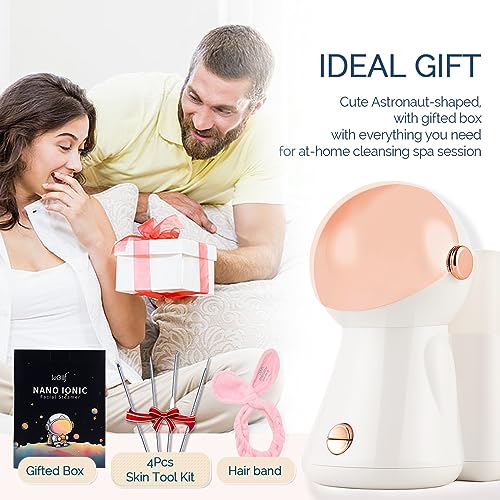 Facial Steamer,with 7 Colors Led Light,Face Steamer for Facial Deep Cleaning,Warm Mist Nano Ionic Steamer for Face Spa Kit,Face Humidifier,Facial Sauna Use at Home, Gift for Women（Rosegold with Light）