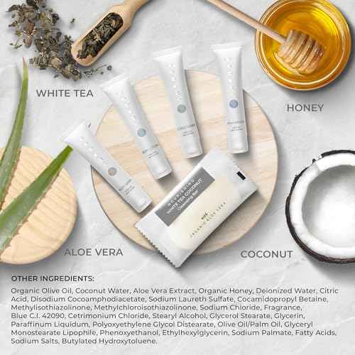 Infuse Pure White Tea and Coconut Hotel Soaps and Toiletries Bulk Set | 1-Shoppe All-In-Kit for Airbnb | 1oz Shampoo & Conditioner, Body Wash, Lotion & 1.25oz Bar Soap | Travel Size 300 Pieces