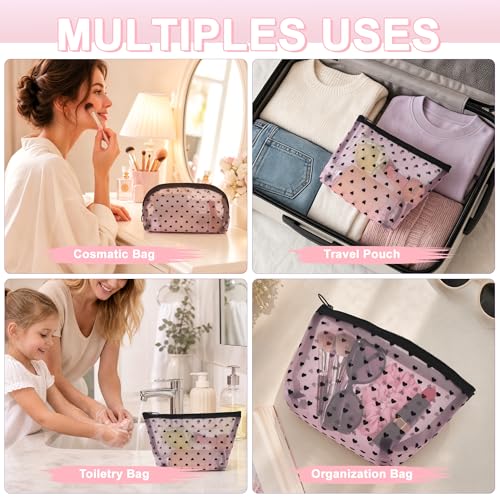 Pink Mesh Makeup Bag Set - 4 Pcs Heart Print Clear Cosmetic Organizer, Travel & Toiletry Bags