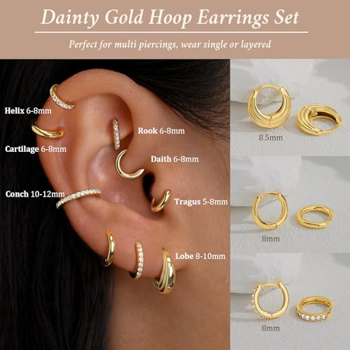 Poxtex Gold-Moon Hoop Earrings Set for Women - Hypoallergenic 14K Gold Plated Small Huggies, Dainty Stacks for Multiple Piercings, Gift Ready