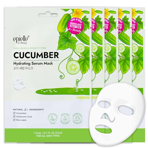 Epielle Cucumber Hydrating Serum Sheet Masks (5pk) | Korean Skincare | Facial Sheet Mask | Kbeauty, Spa Gifts for Women