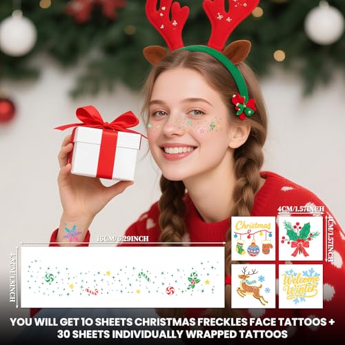 Cerlaza Christmas Decorations, Glitter Freckles Face Tattoos, Christmas Temporary Fake Tattoo Stickers for Adults, Xmas Accessories, Holiday Outfits for Women, Party Favors, Stocking Stuffers