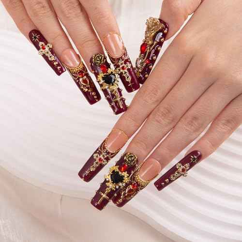LOVFUL Press on Nails Gothic Romance| Handmade with Full Covered Crystals| Reusable Fake Nails| Square Mid length 1.7in| H333-M