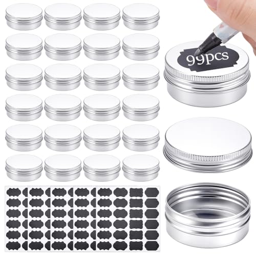 99Pcs Round Tin Cans, 1 oz/30ml Aluminum Containers with Screw Lid Small Tins with 5 Sheets Paper Label Travel Cosmetic Containers for Lip Balms Lotion Bars Candles Christmas(Silver)