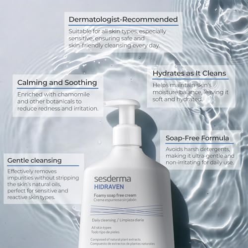 Sesderma HIDRAVEN Foamy Soap-Free Cream, Gentle Cleanser for Delicate Skin with Natural Plant Extracts, 10.2 fl oz