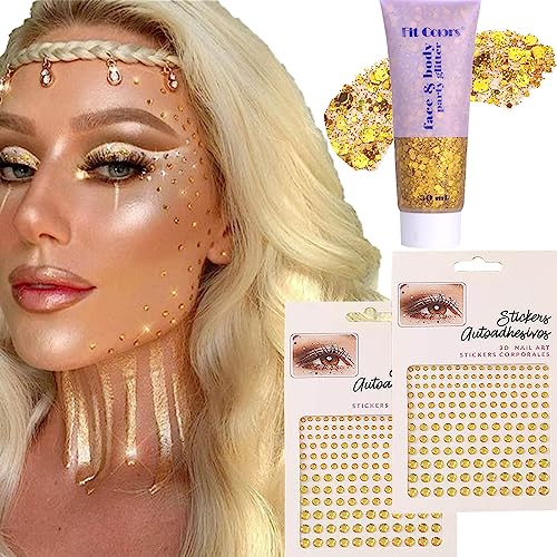 Gold Glitter Gel & Face Gems Rhinestones Makeup Set