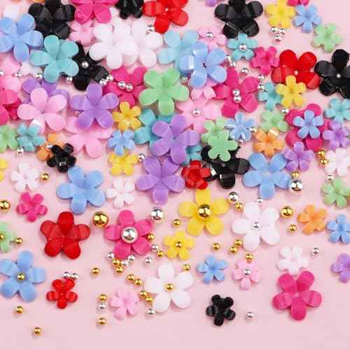 3D Colorful Flower Nail Art Charms, White Pink Acrylic Cherry Blossom Spring Petal Metal Gold Silver Round Caviar Beads Studs Pearl Rhinestones for Manicure Craft DIY (7-K3-solid)
