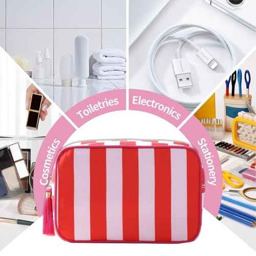 Stripe Makeup Bag Travel Cosmetic Bag Organizer Tassel Toiletry Bag Large Canvas Zipper Pouch and Accessories Storage Bag for Women