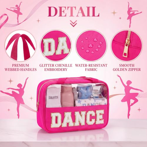 Hot Pink-White Dance Makeup Bag with Chenille Letter & Handle - Girls & Women Gift