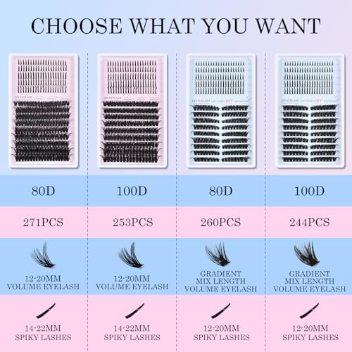 262Pcs Lash Clusters Kit, 80D 12-20mm Volume Eyelash Cluster, 14-22mm Spiky Lashes Extensions, DIY Wispy Fluffy and Spikes Individual Lashes Extension Kit with Lash Bond and Seal, Tweezers