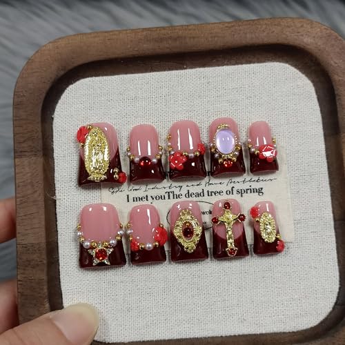 Short Duckbill Press on Nails - Wine Nude Ombre with Pearl & Cross Charms | Icy Glitter False Nails | Vintage Glam Style for Everyday & Holiday(M)