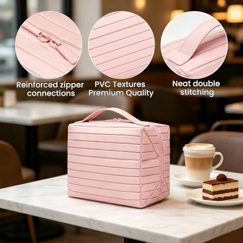 Large Waterproof Makeup Bag - Foldable Travel Toiletry Organizer (Pink)